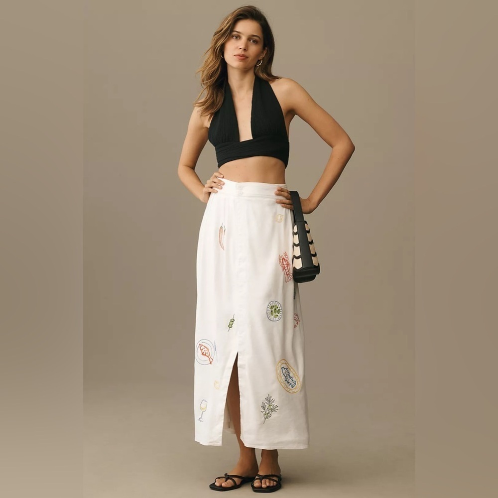 NWT Size 8 - Anthropologie Embellished Linen Wrap Midi Skirt